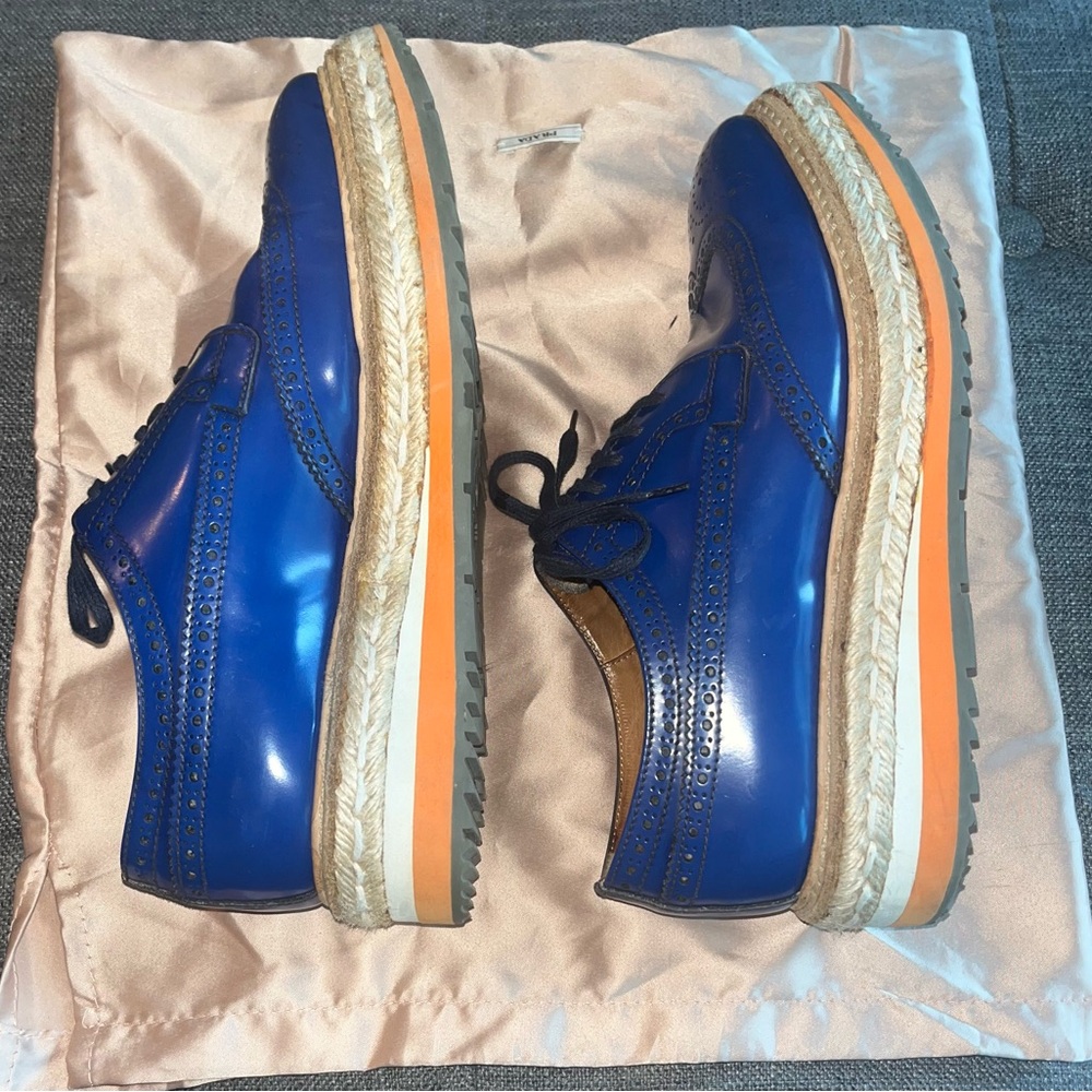 Prada Blue and Orange Brogue Platform Loafers - Picture 6 of 6